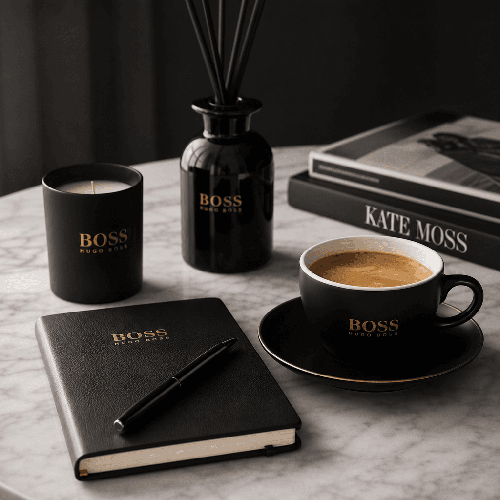 Elegant lifestyle product scene: coffee cup, notebook, and accessories arranged on marble surface with natural studio li