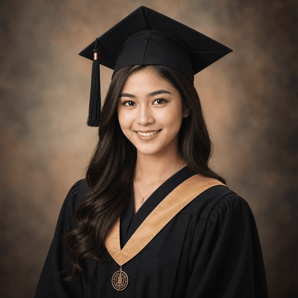 Graduation portrait with academic cap and gown, professional studio setting, warm sophisticated lighting. Formal yet app