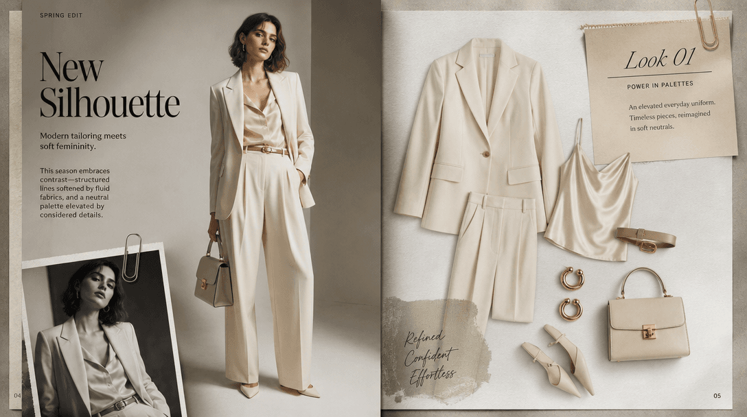 Luxury fashion magazine spread come to life: outfit photos transforming from flat images into stylized page layout with 