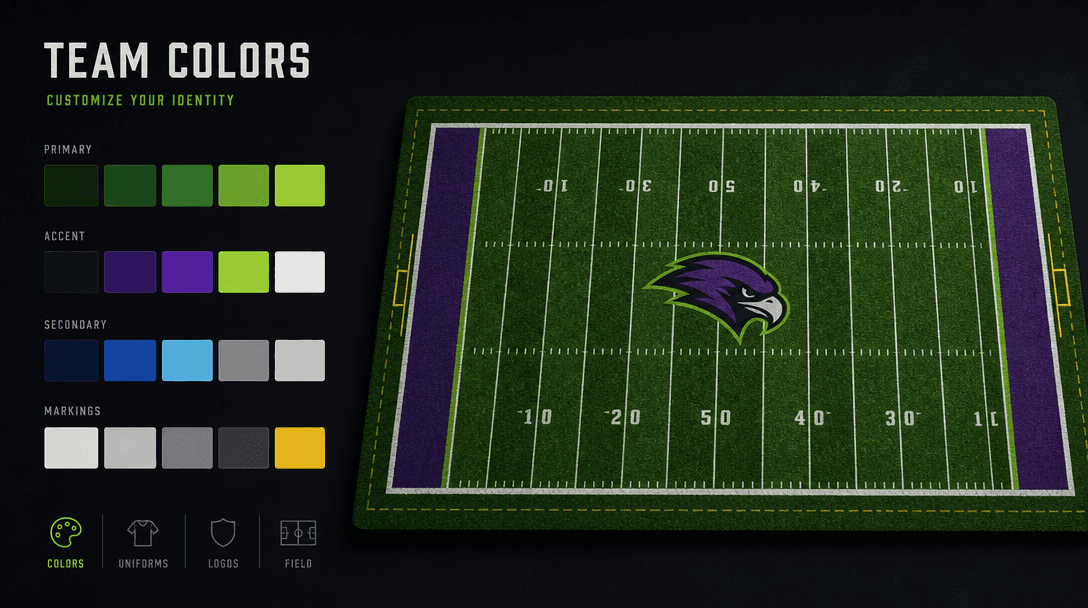 Team colors palette displayed over field texture showing greens, team accent colors, and field markings. Clean dark back