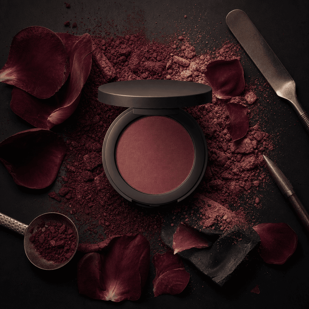 Matte cosmetic compact emerging from a graphic arrangement of loose pigment, rose petals, and polished metal tools on a 