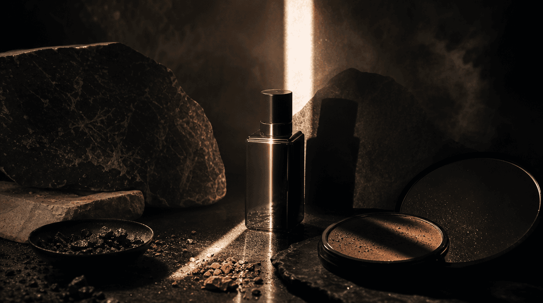 An abstract beauty still life where a black glass bottle divides a narrow beam of warm light, creating layered shadows a