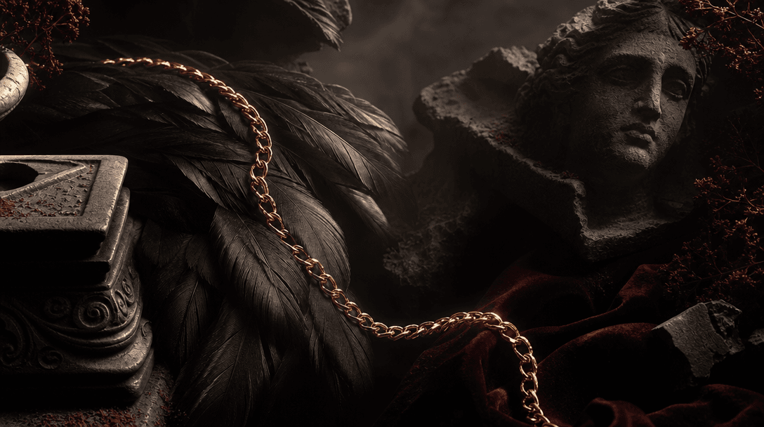 An abstract luxury still life where a single gold chain curves through layers of black feathers and carved stone like an