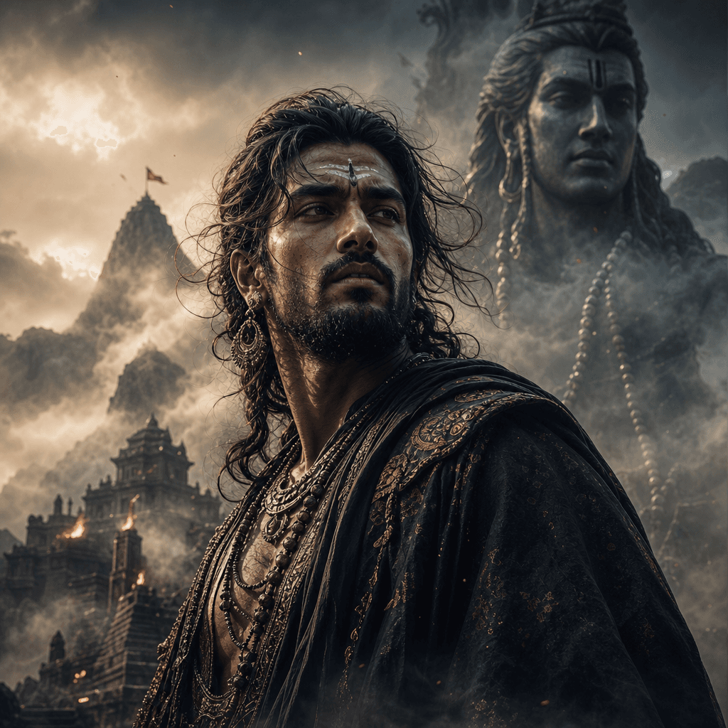 A visually striking mythic portrait of an individual, surrounded by elements that enhance the cinematic feel, such as mi