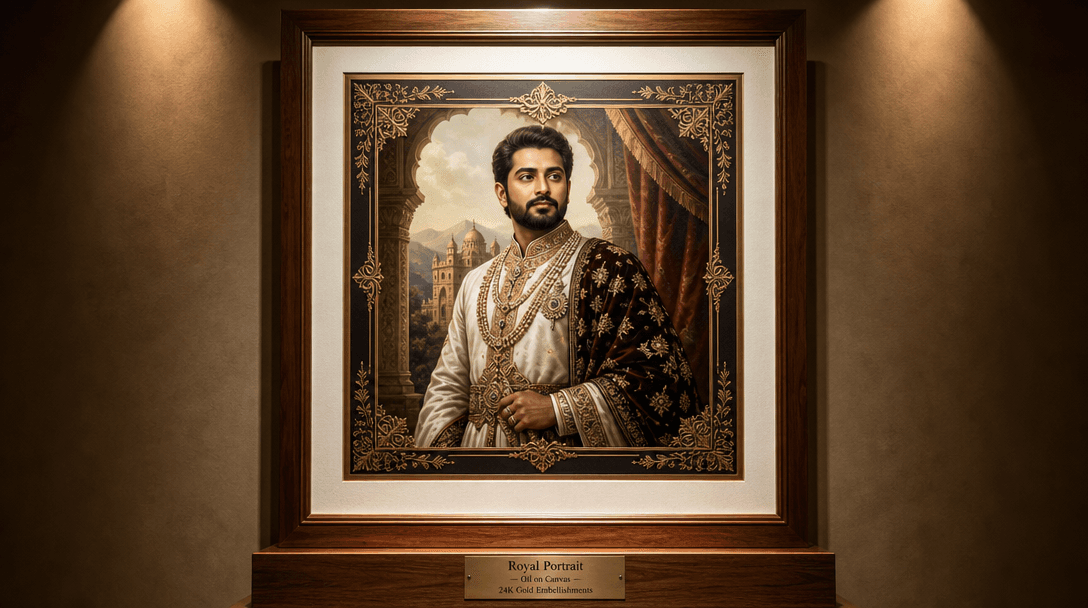 Finished royal portrait displayed in ornate ornamental frame, mounted on premium textured gallery paper, museum spotligh
