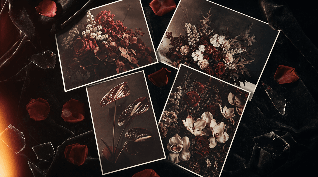 Four coordinated floral campaign scenes represented as physical photographic prints scattered across black velvet with r