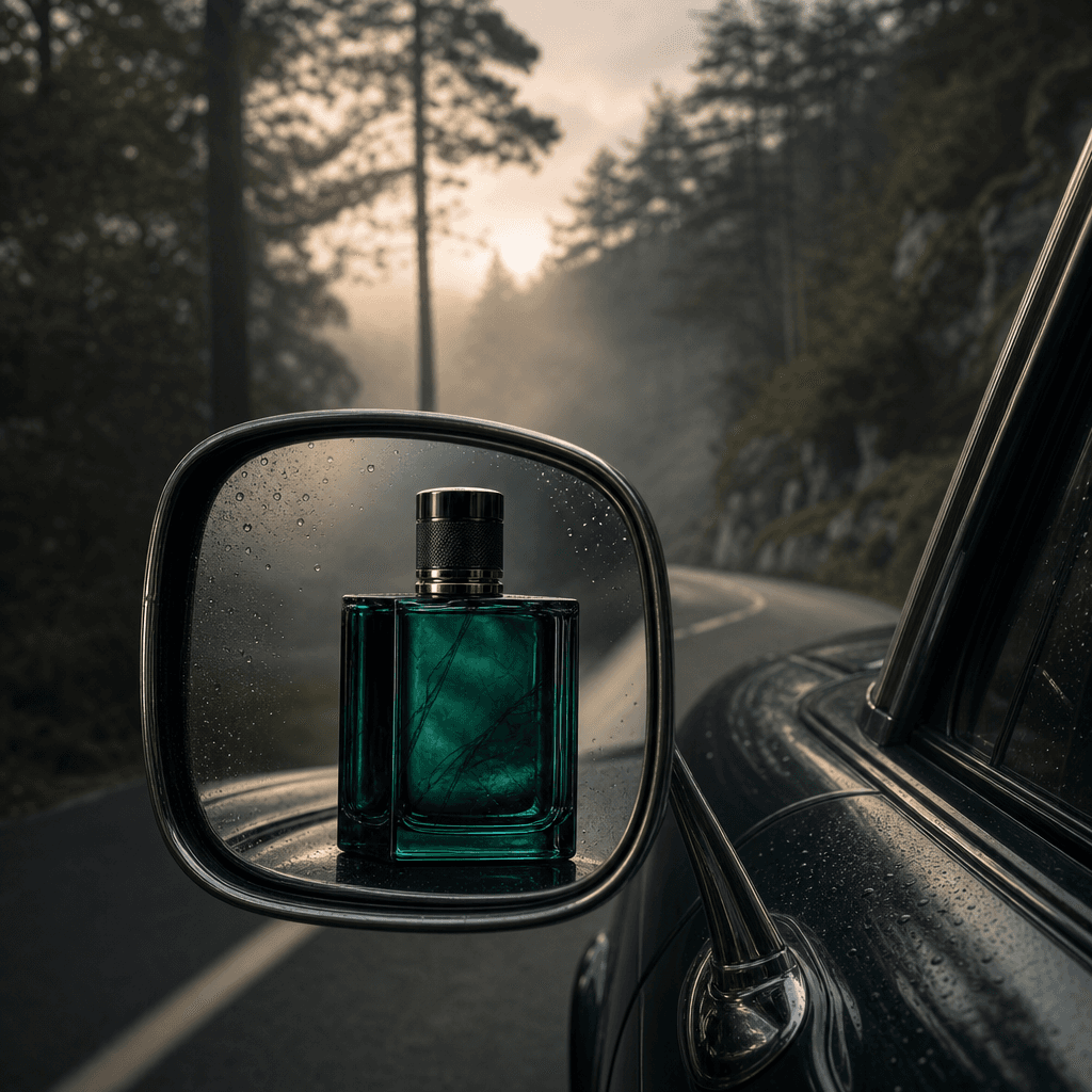 A jewel-toned fragrance bottle framed in a classic car mirror beside a misty forest road at dawn, soft fog, muted green 