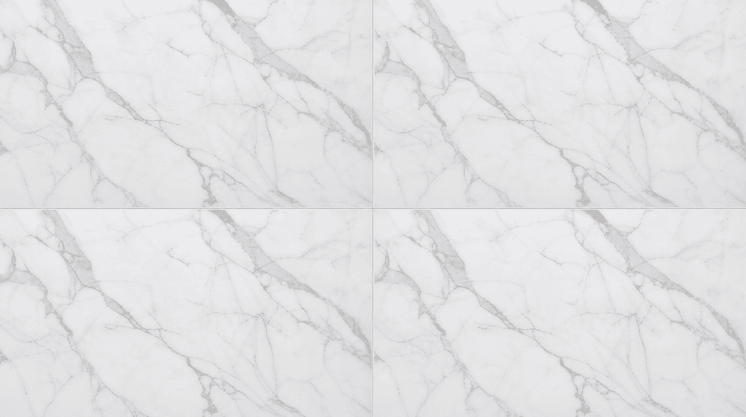 Abstract overhead flat-lay of a grid of four identical white marble tile surfaces, each lit identically with consistent 