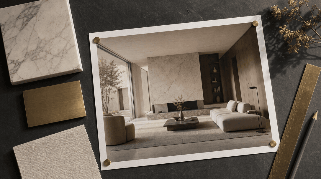 Architectural editorial flat lay on a deep dark slate surface: a large-format printed interior render photograph pinned 
