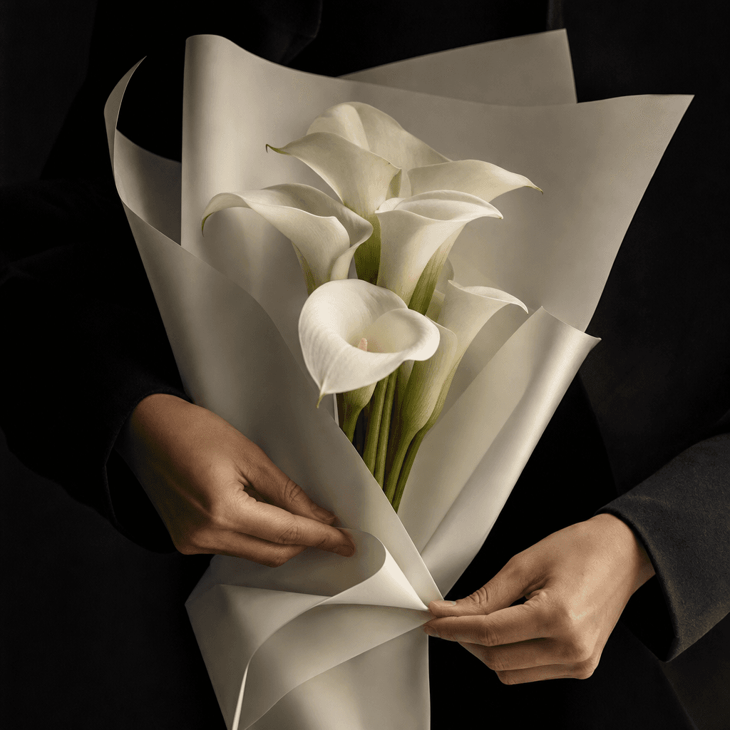 Close studio portrait of a minimalist white calla lily bouquet being wrapped in crisp off-white paper by elegant anonymo