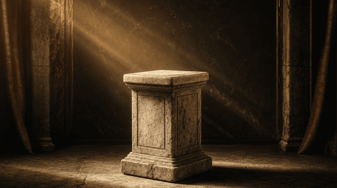Stone pedestal in dramatic studio lighting setup, volumetric light rays, warm golden atmospheric tones, dark editorial b