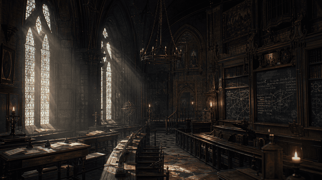 Dark academia classroom setting, magical ambiance throughout, dusty light rays filtering, mysterious atmosphere, fantasy