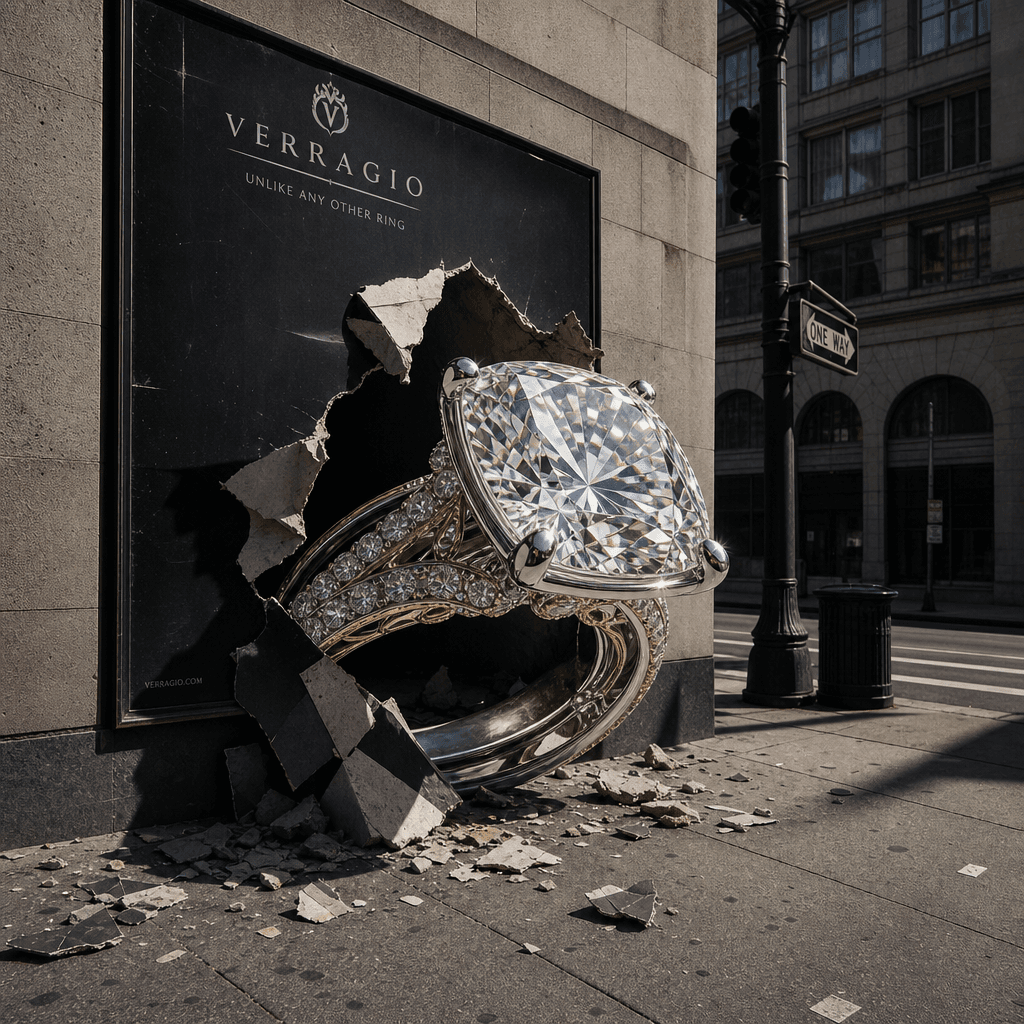 Square surreal product campaign where an oversized gemstone ring breaks the flat boundary of an urban billboard and rest