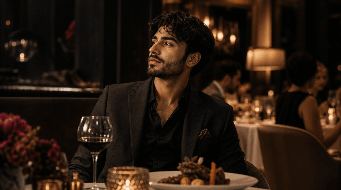 Luxury lifestyle scene transformation: person appearing in fancy restaurant setting with atmospheric lighting, elegant d