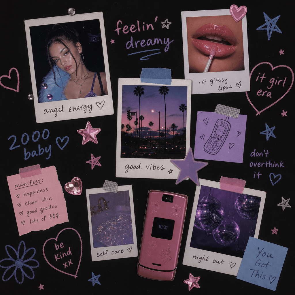Y2K aesthetic mood board: polaroid-style photos, organic doodles, stars and hearts, pastel colors on deep dark backgroun