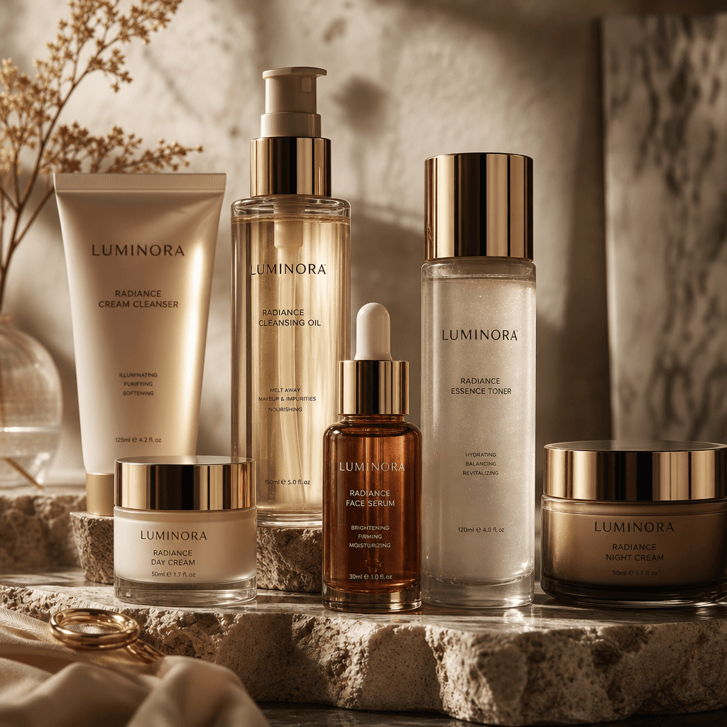 Beauty and cosmetics product still-life. Glass bottles, serums, and skincare jars clustered in artistic arrangement. War