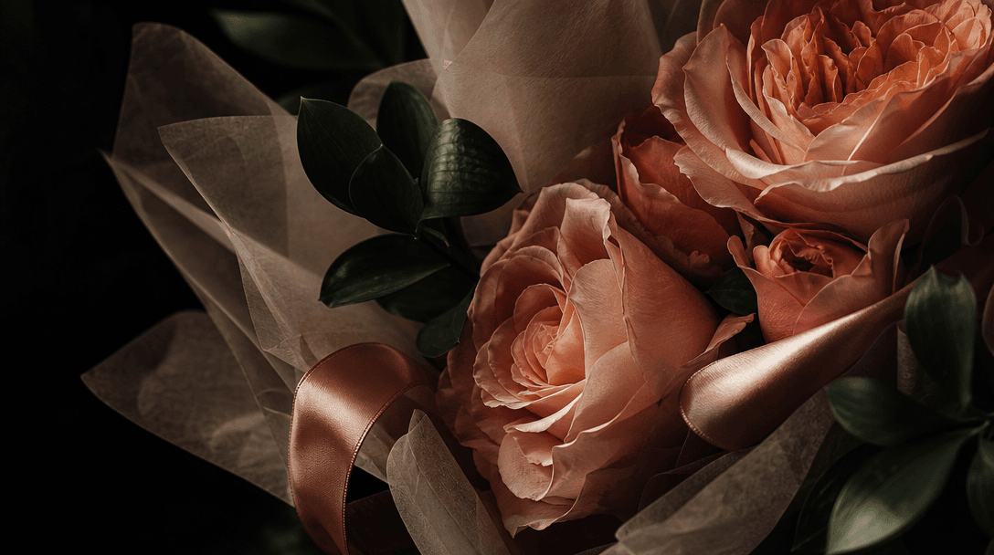 Macro editorial study of layered rose petals, translucent wrapping paper, satin ribbon, and dark green leaves emerging f