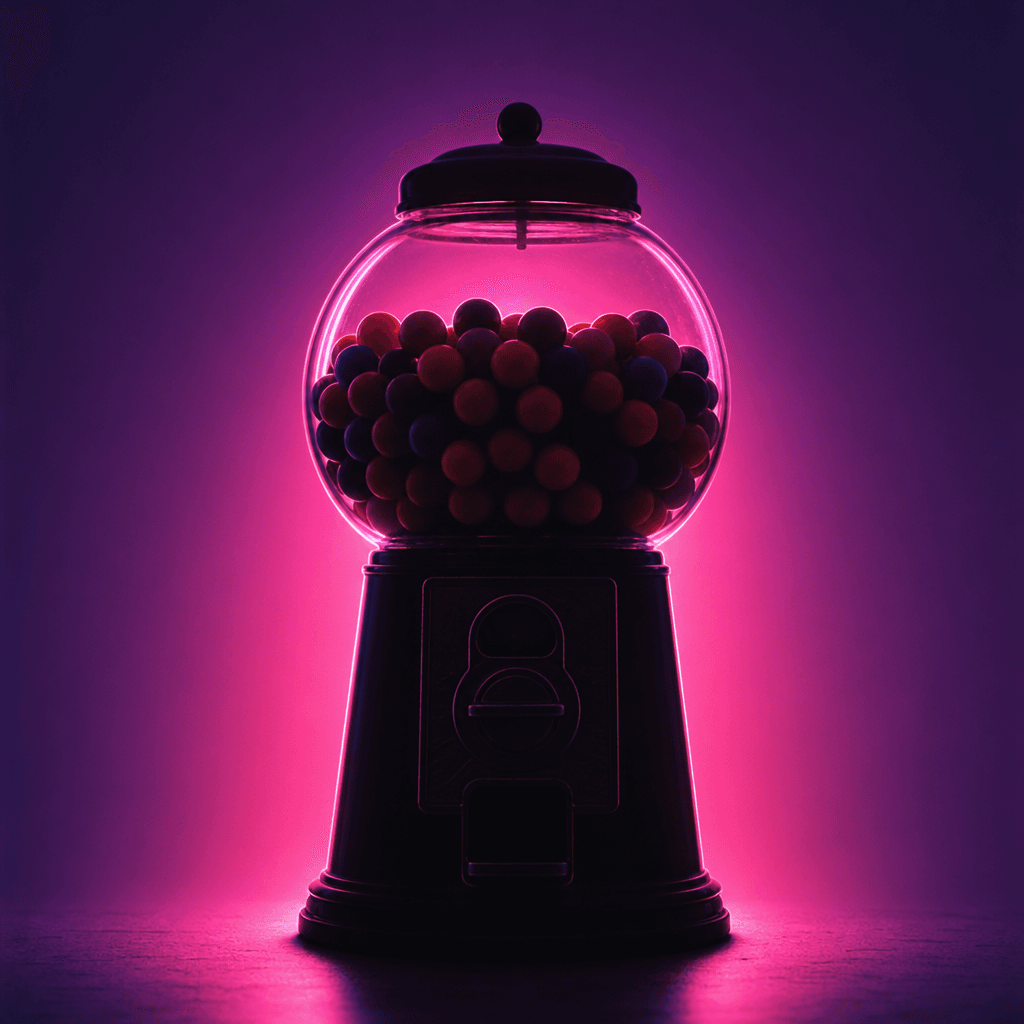 Retro 1970s-style gumball machine silhouette backlit by neon pink and purple lights. Dark studio background with gradien