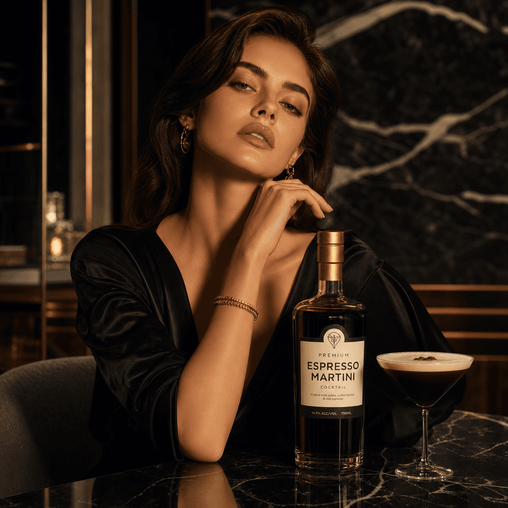 High-fashion lifestyle shot with food or beverage product featured prominently. Model in elegant pose, dramatic lighting