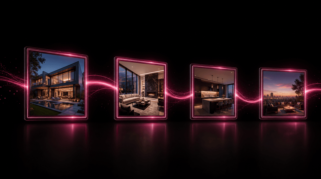 Four glowing property photograph frames arranged in an elegant horizontal sequence, suspended in deep near-black space, 