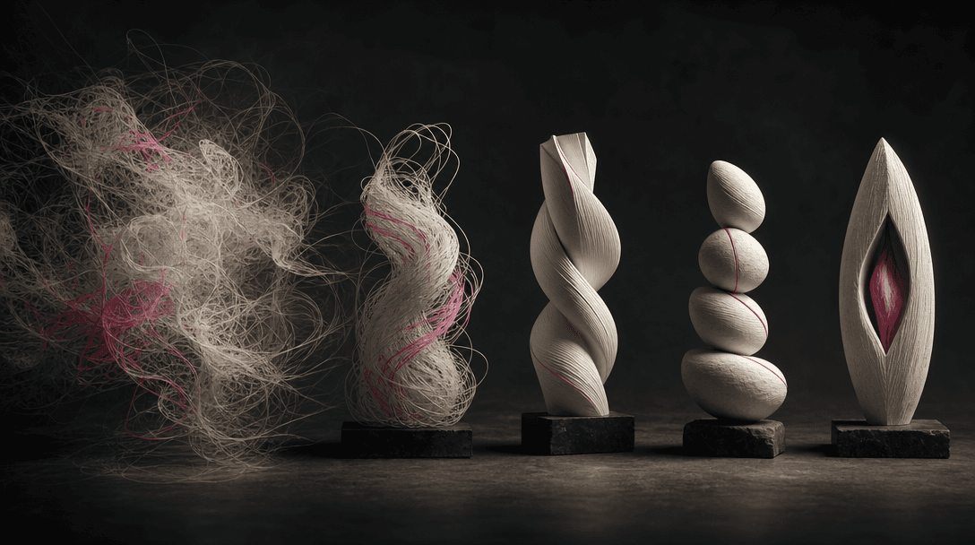 A wide dark editorial scene where an abstract cloud of tangled translucent threads transforms into four crisp illuminate