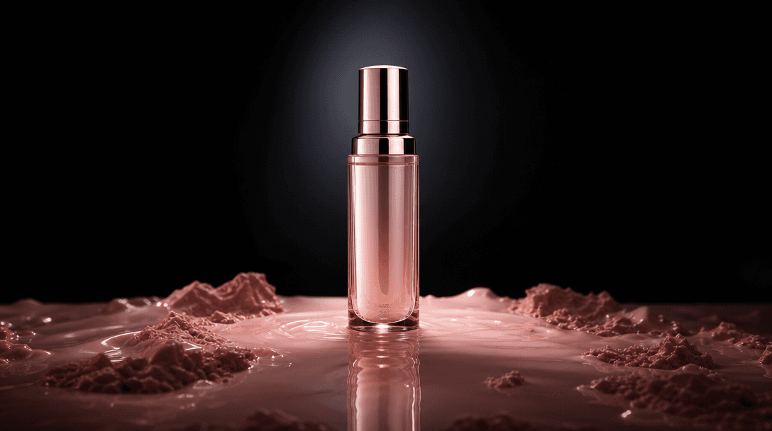 A single glossy cosmetic bottle isolated in a pool of pale pink glaze, precision spotlight defining the silhouette, subt