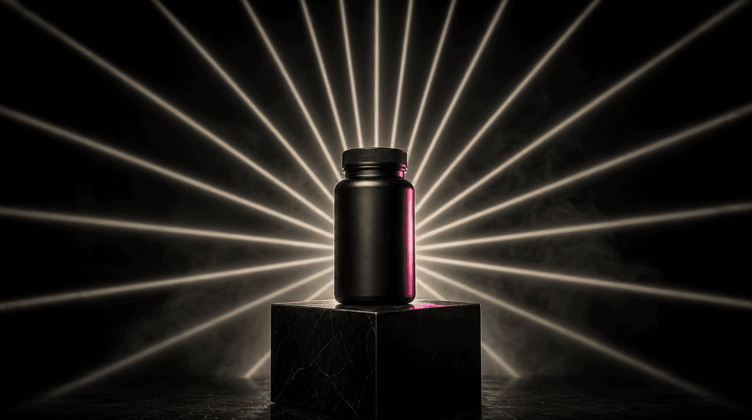 A single unbranded supplement bottle isolated on a monolithic black pedestal while dozens of narrow beams converge preci