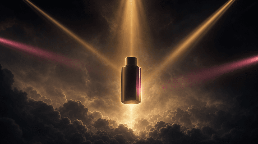 Several distinct beams of cinematic light converge on one floating product silhouette above a dark cloudscape, symbolizi
