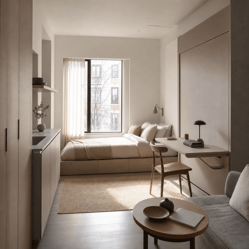 Photorealistic AI-rendered compact studio apartment in a Japandi aesthetic — low platform bed, fold-down wall desk, mute