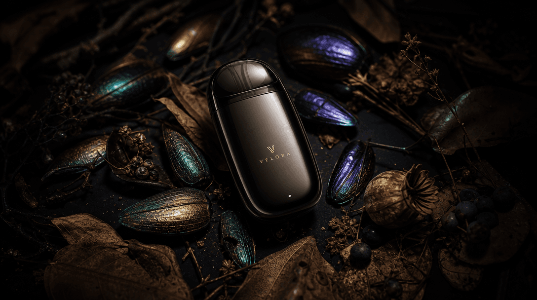 A dramatic product hero composition of a compact glossy device placed at the center of a dark scene, surrounded by scatt
