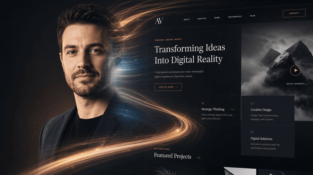Abstract composition showing professional headshot and website screenshot merging together seamlessly, cinematic light t