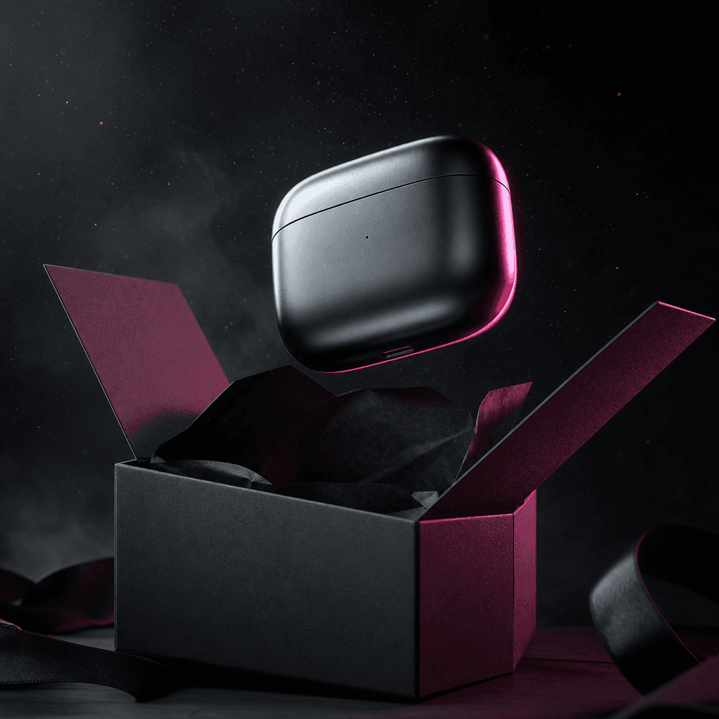 A sleek unbranded wireless earbud case emerging from an open charcoal gift box, photographed in a dark editorial style. 