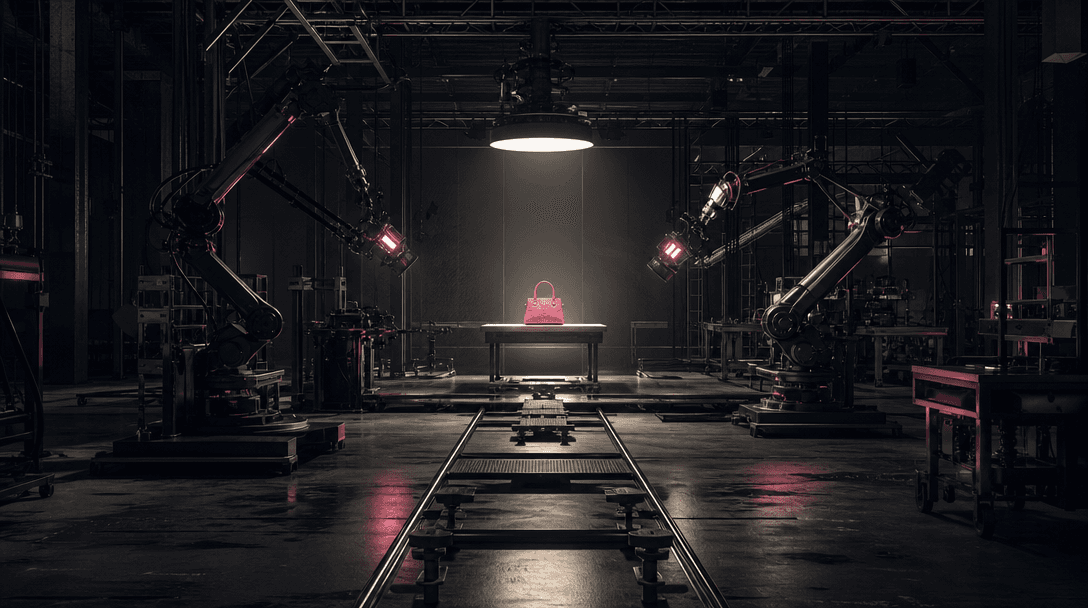 An empty factory-scale film set represented by dramatic machinery, overhead lights, tracks, and worktables converging on