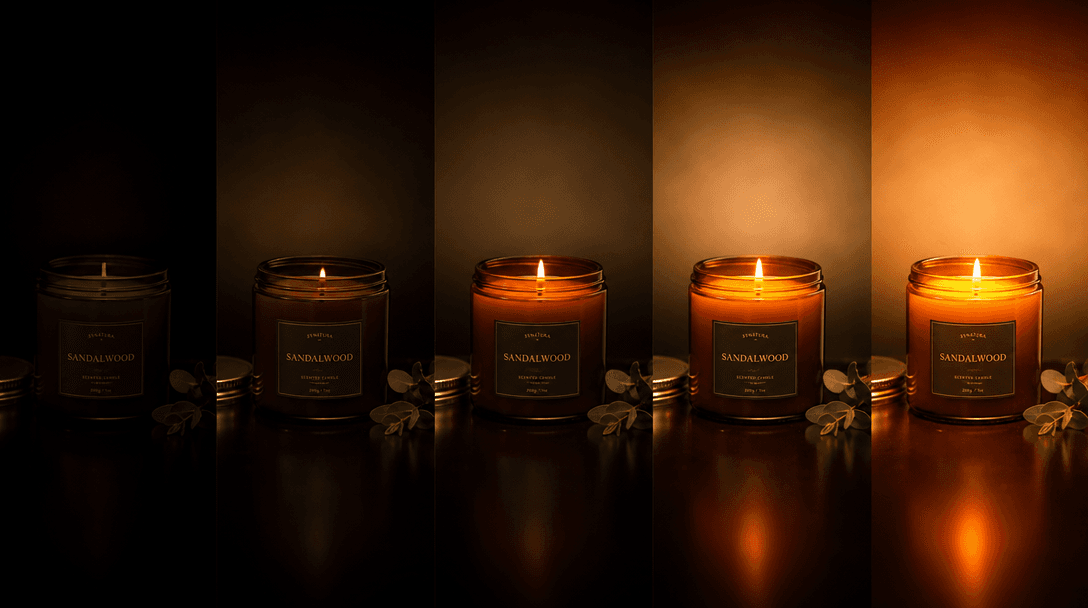 Rapid sequence of candle product shots illuminating from darkness. Each frame shows increasing warmth and glow, smooth t