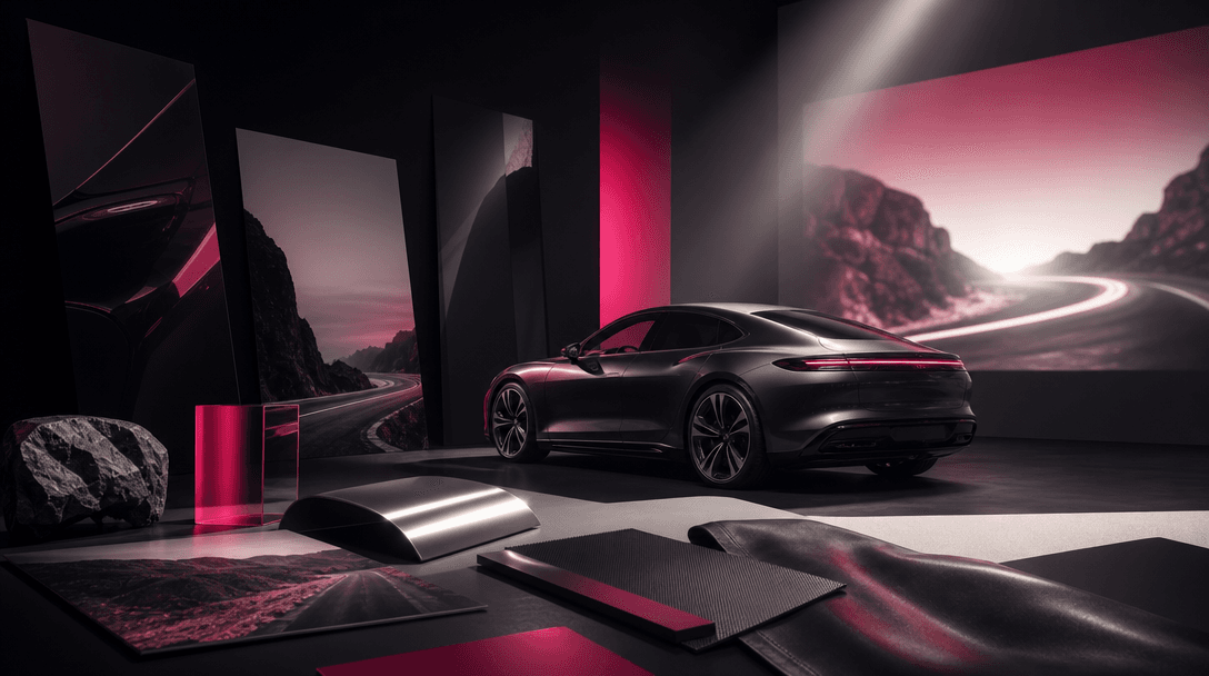A coordinated automotive campaign still life with a hero car, printed photographic panels, metallic material samples, di