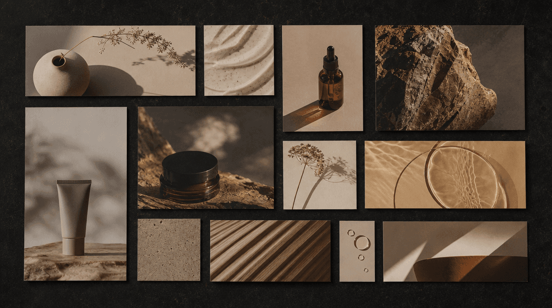 Abstract top-down flat-lay of product photography prints arranged in a modular grid pattern on a dark textured surface, 