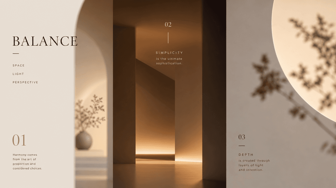 Abstract geometric composition with balanced three-section layout, soft gradients of warm interior lighting, architectur