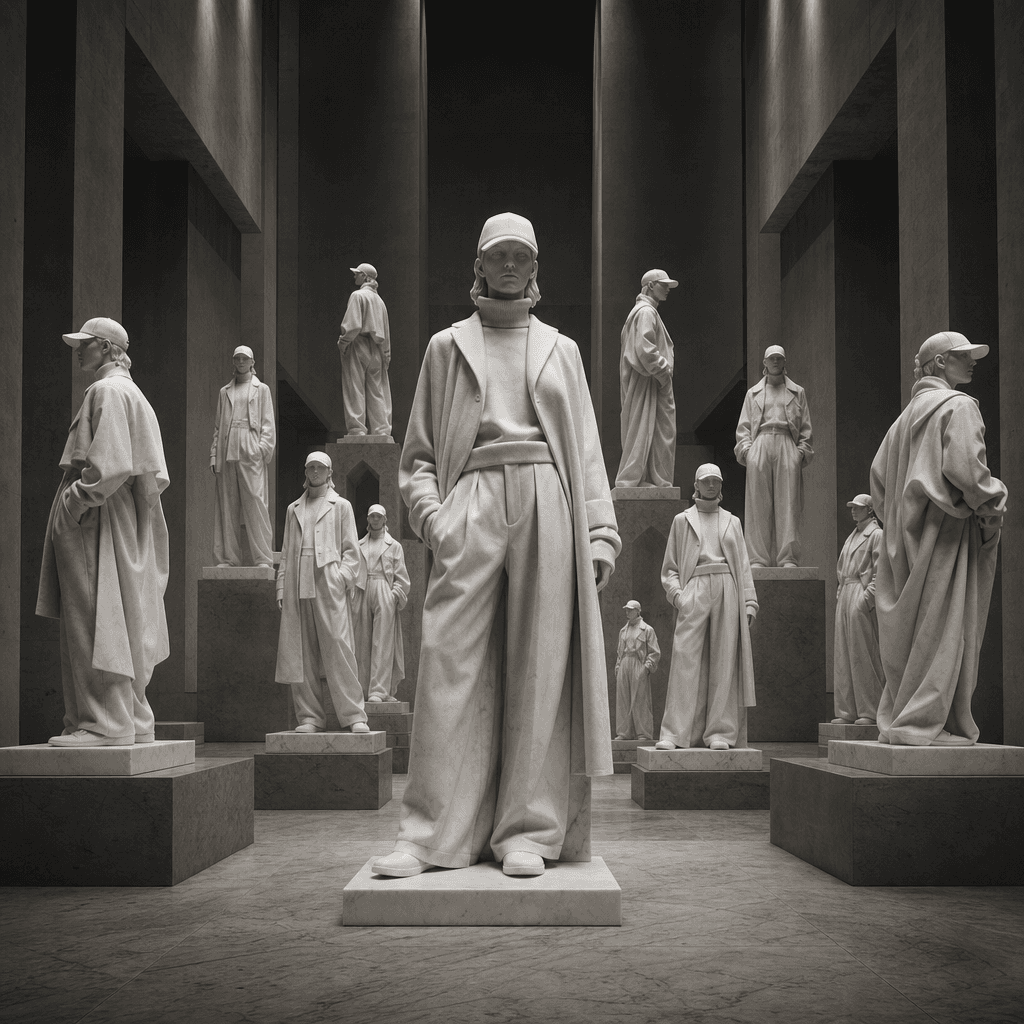 An anonymous fashion figure cloned into a symmetrical crowd of full-length white marble statues inside a brutalist museu