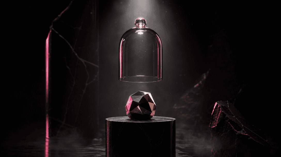 An abstract glass cloche lifting above a faceted metallic object on a monolithic black pedestal, visualizing anticipatio
