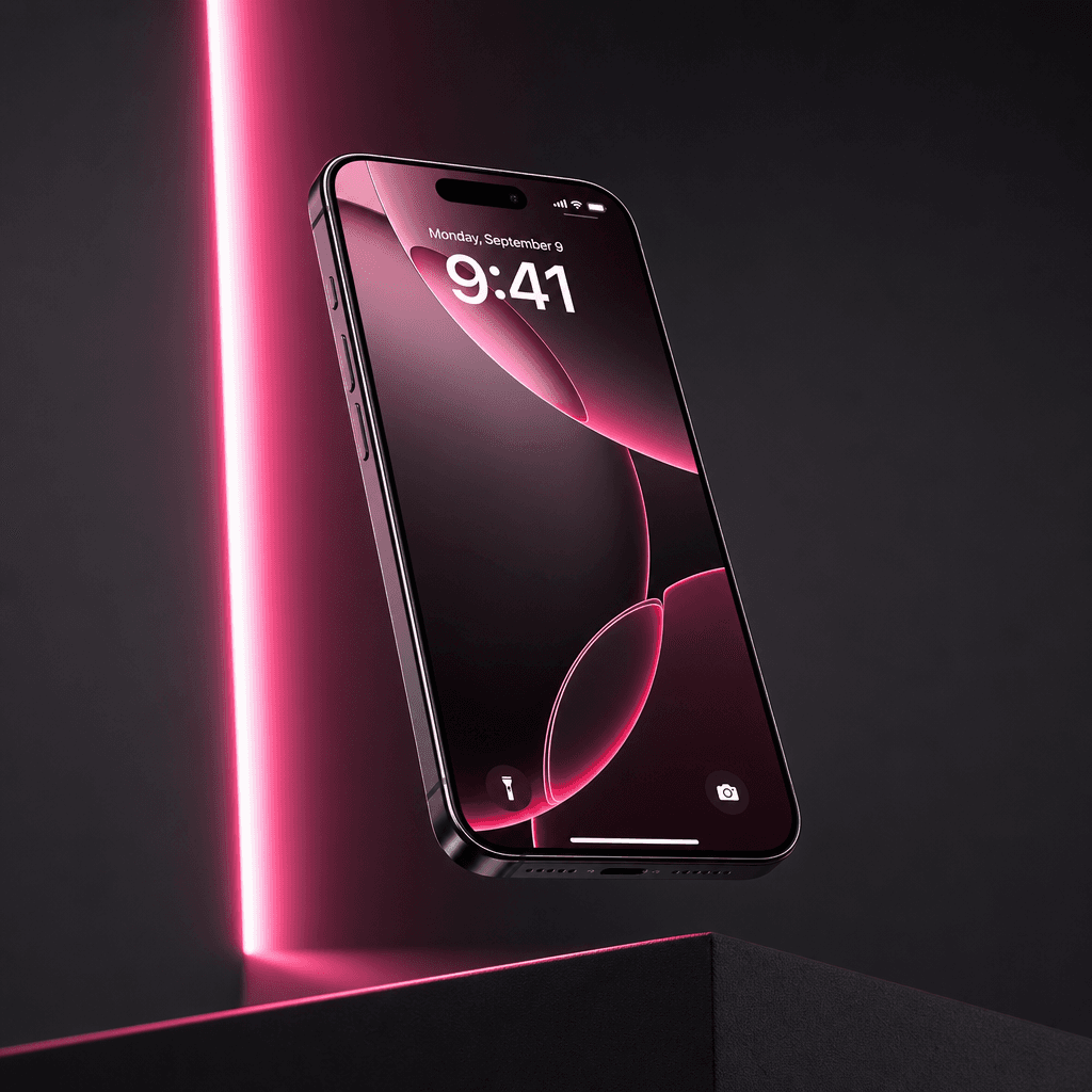 Premium smartphone mockup suspended on dark charcoal background with neon-like hot pink accent lighting. Sharp cinematic
