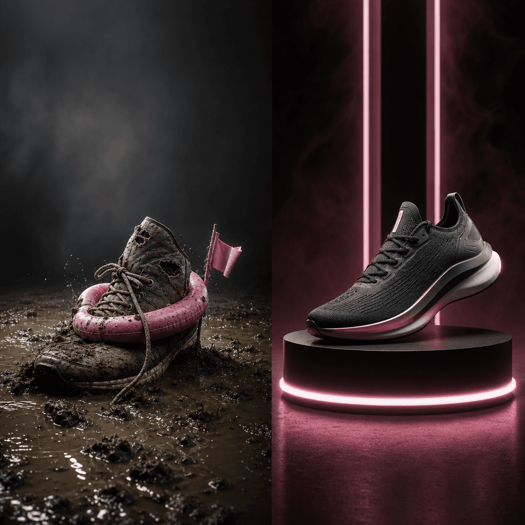 A humorous comparison ad for running shoes: one worn shoe trapped in a messy puddle while a sleek modern shoe rests conf