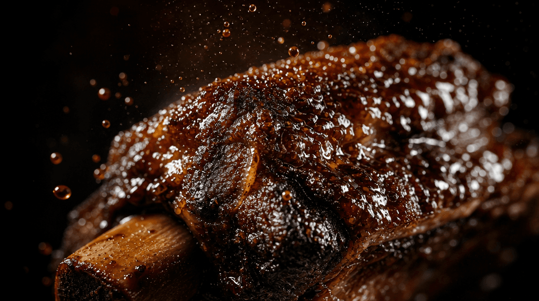 Extreme close-up cinematic still of a single glazed braised short rib — micro-droplets of dark sauce lifting off the gli