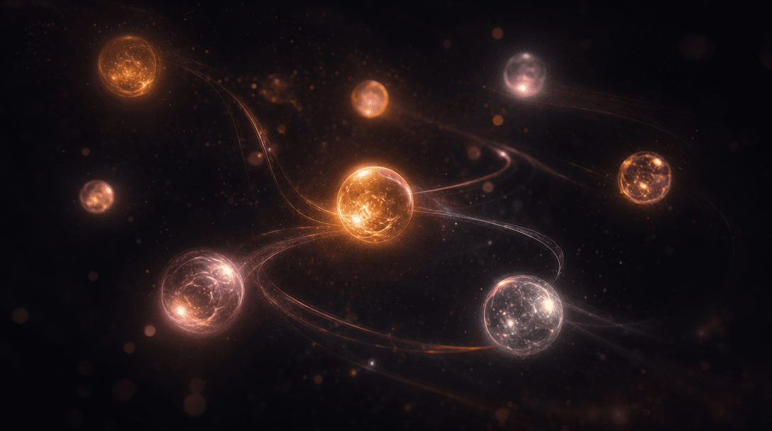 Abstract cinematic scene: multiple glowing orbs drifting in deep dark space, each a subtly different hue of amber, rose,