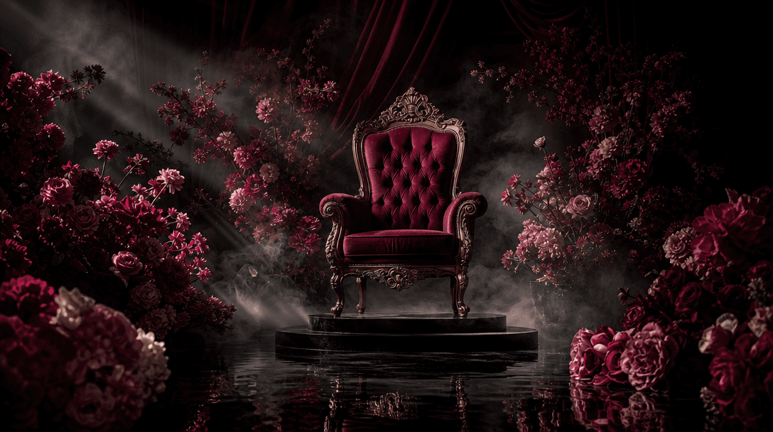 A production-ready editorial set featuring an empty velvet throne surrounded by dimensional flowers, subtle fog, black r