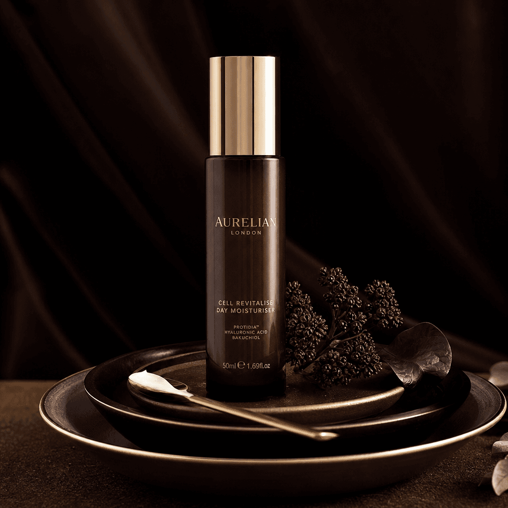Sophisticated skincare product bottle displayed with serving utensil and decorative plate arrangement, dark editorial li