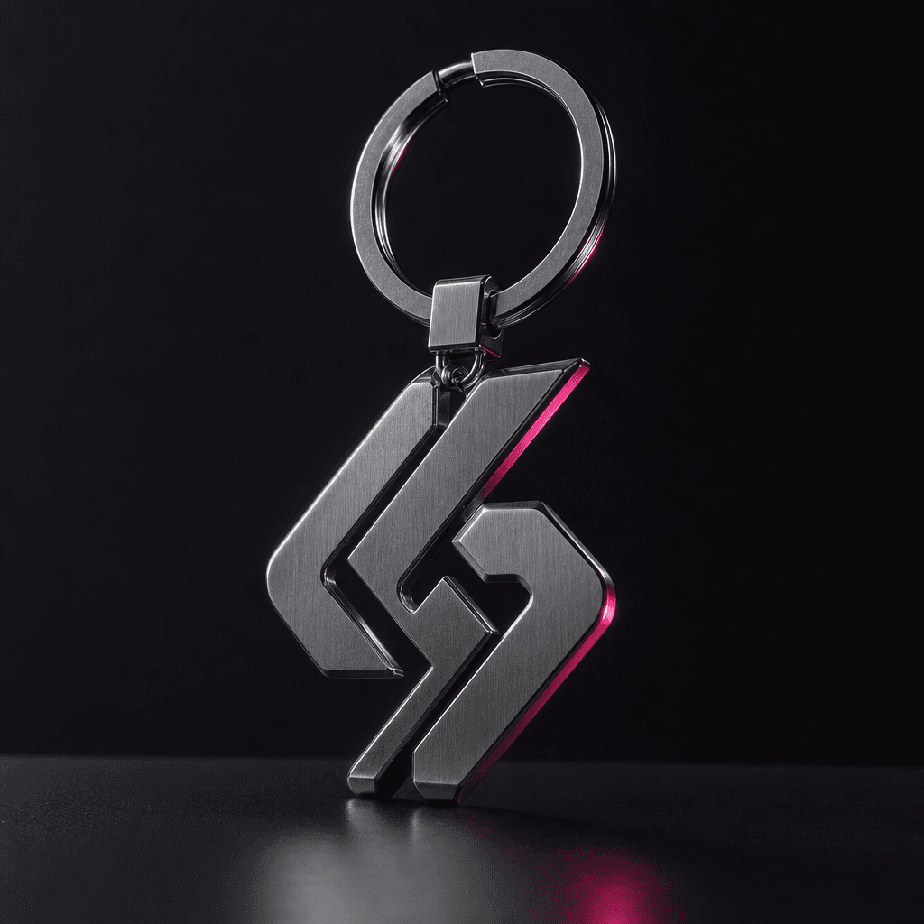 A brushed metal keychain shaped around an abstract brand symbol, suspended above a matte black surface, cinematic rim li