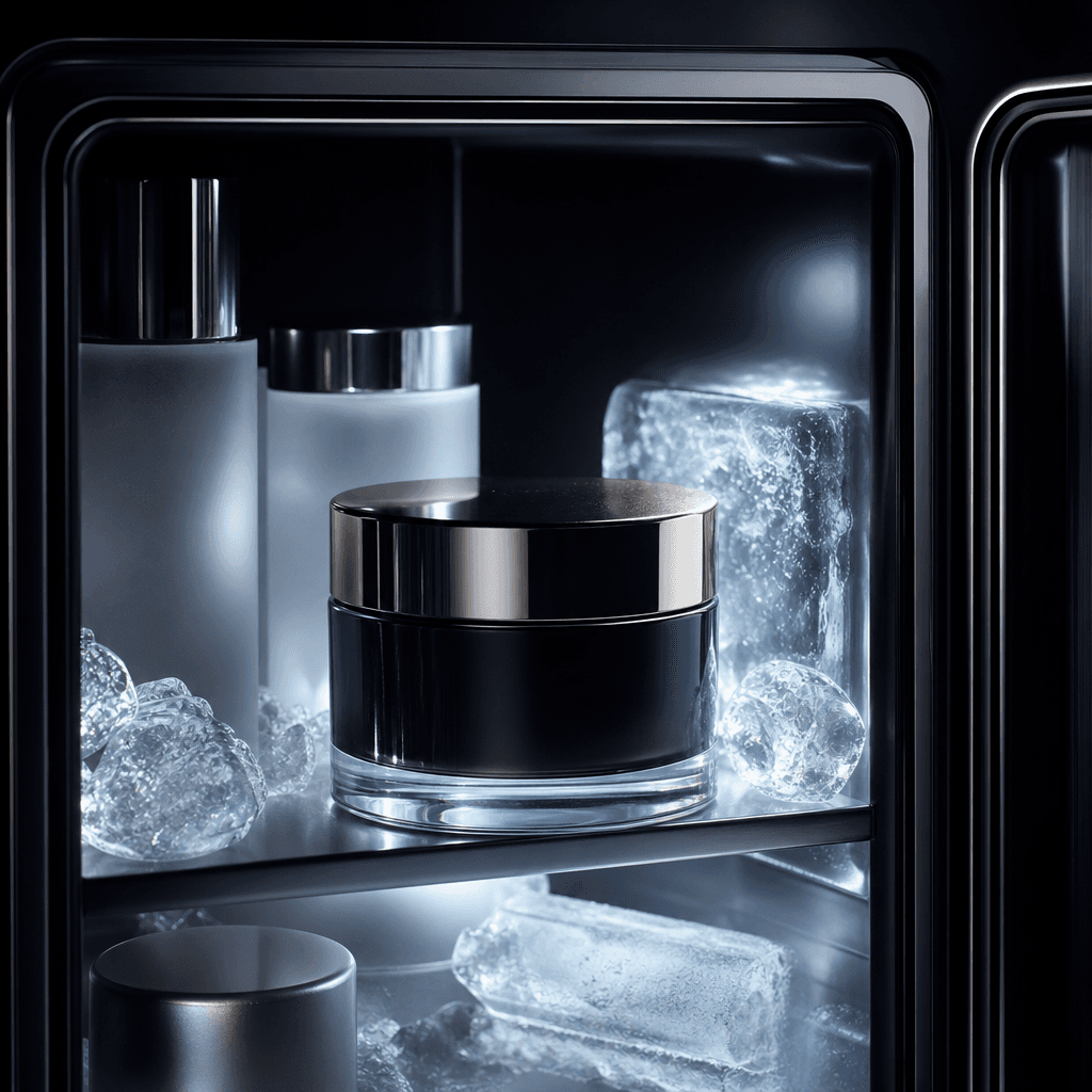 A luxury skincare jar arranged in a compact beauty refrigerator beside frosted glass and translucent ice, soft cold ligh
