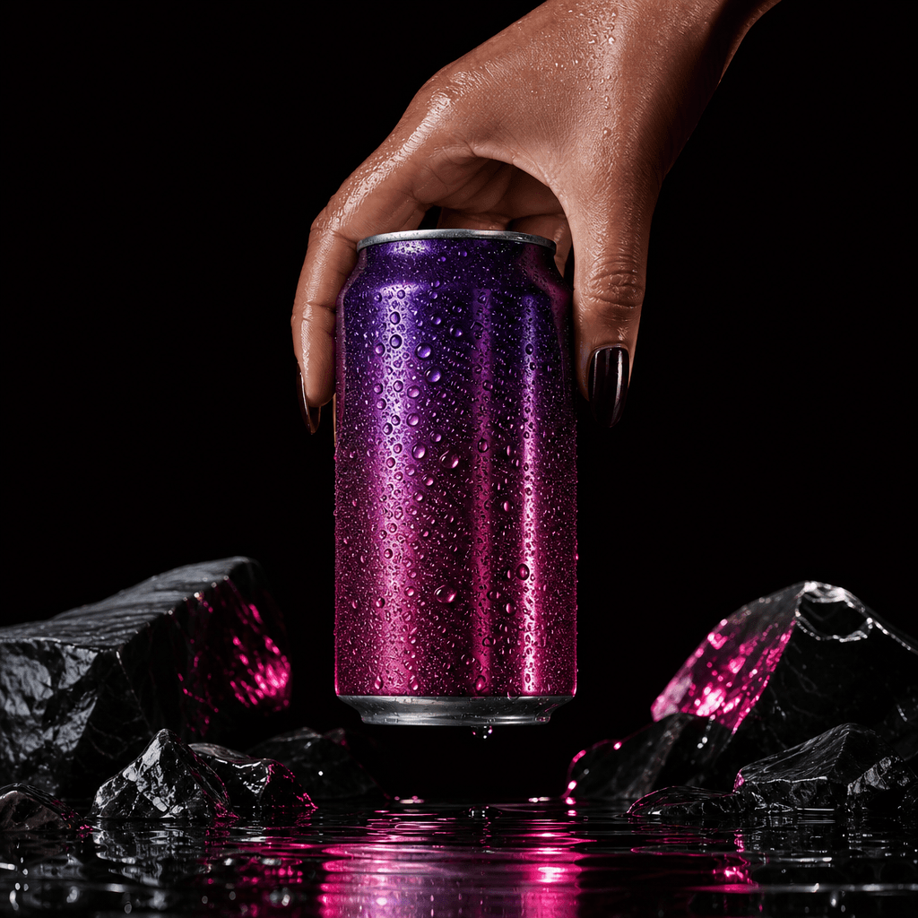 A jewel-toned sparkling water can held above a reflective obsidian surface, droplets catching sharp studio light, deep d