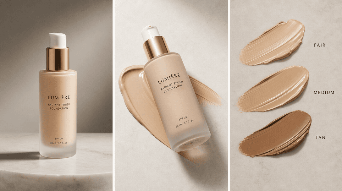 Triptych composition showing one beauty product in three refined variations or applications. Studio lighting, profession