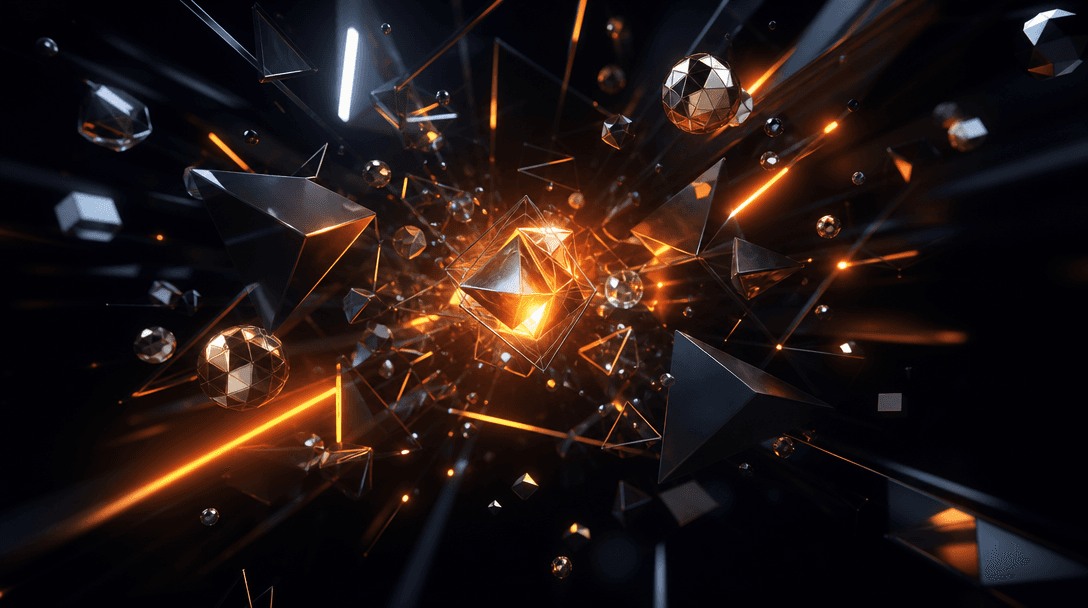Rapid sequence of geometric shapes, colors, and light effects assembling together in space, cinematic motion, dark edito